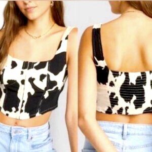 Lone Star Cow Print Western Corset Structured Denim Crop Top Women's Size L NEW